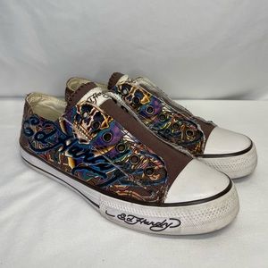 ed hardy womens chocolate / brown slip on shoes skull